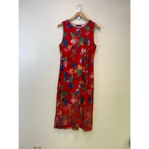 Nally & Millie USA Red Sheer Flower Print  Dress Y2K Indie Sleaze Medium Rare - Picture 2 of 11